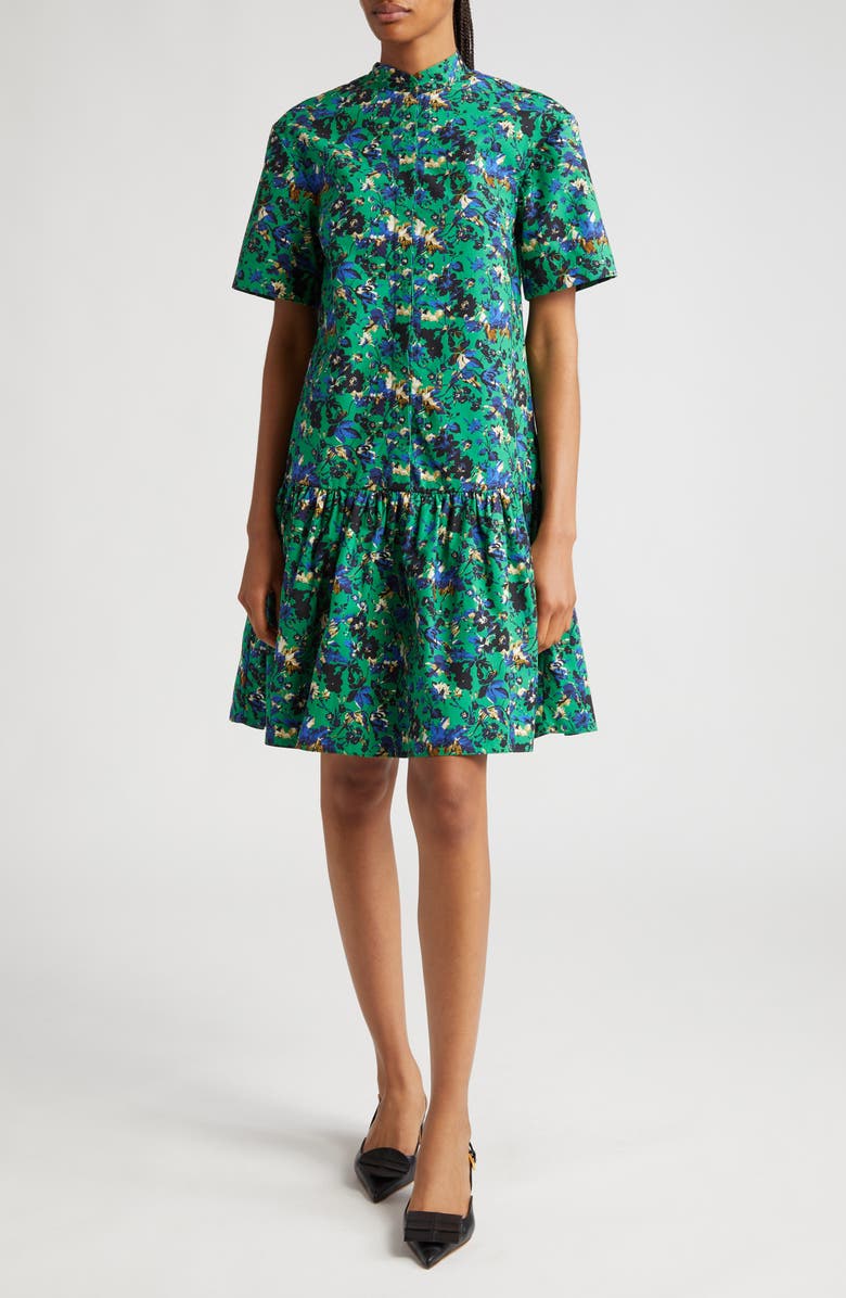 Erdem Floral Print Tiered Cotton Poplin Shirtdress, Main, color,