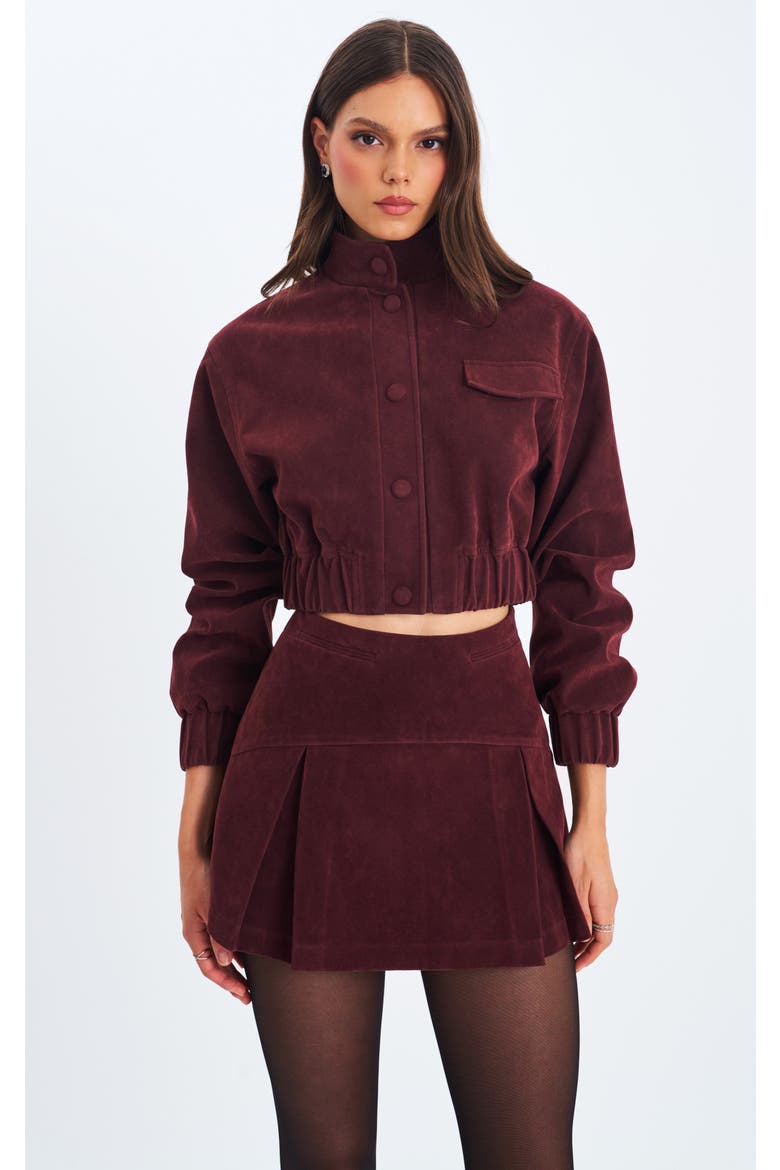 Faryn Vegan Suede Pleated A-Line Mini Skirt, Main, color, Mahogany