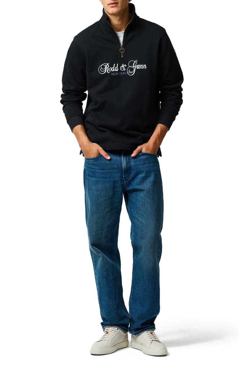 Rodd & Gunn Jubilee Embroidered Logo Cotton French Terry Quarter Zip Pullover, Alternate, color, Onyx