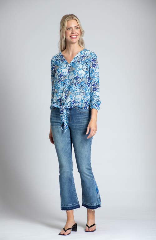 Apny Print V-neck Tie Front Chiffon Top In Blue Multi