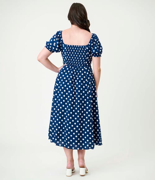 Unique Vintage Dot Puff Sleeve Midi Dress In Multi