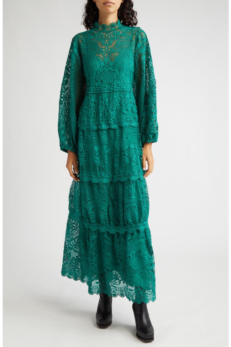 Long Sleeve Guipure Lace Maxi Dress, Main, color, GREEN