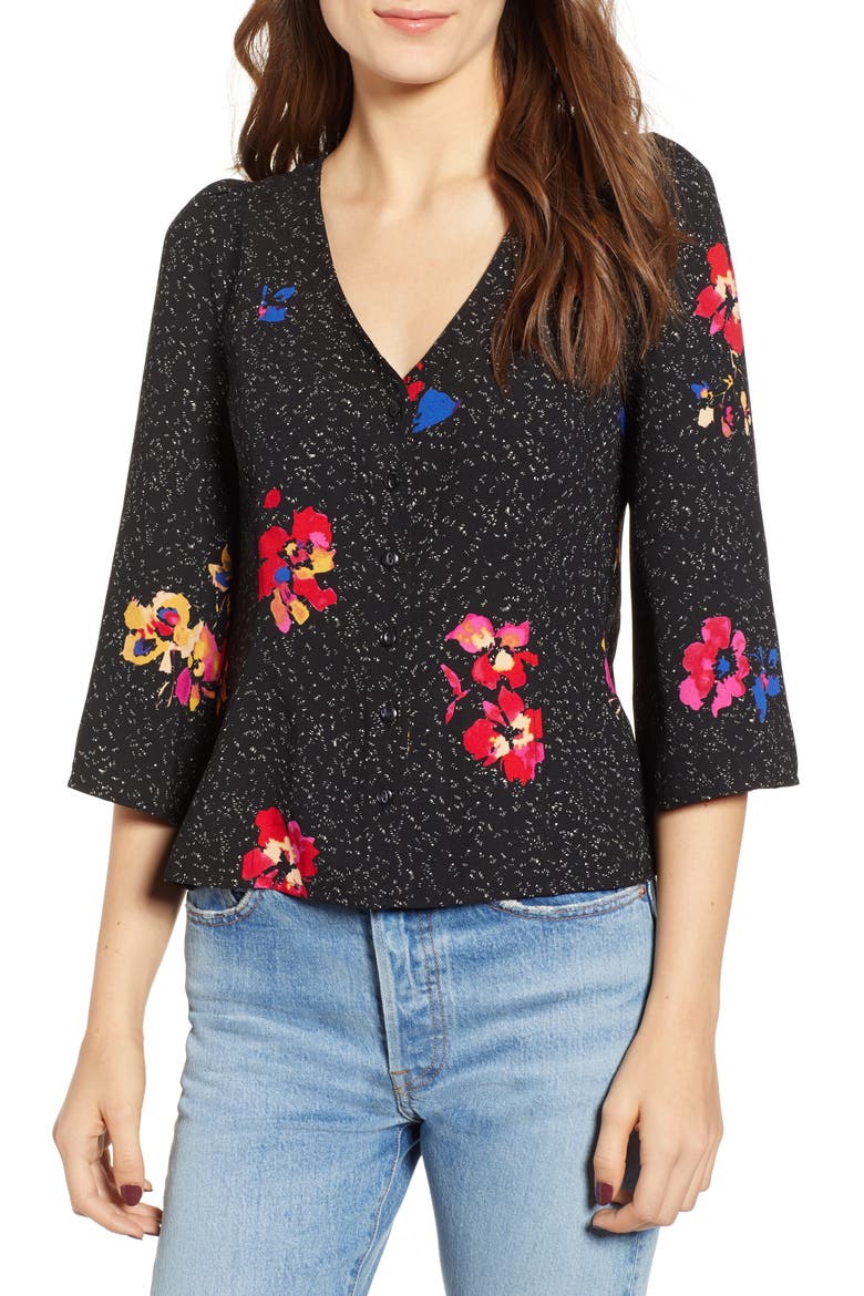 Button Front Print Blouse, Main, color, BLACK SPECKLED FLORAL