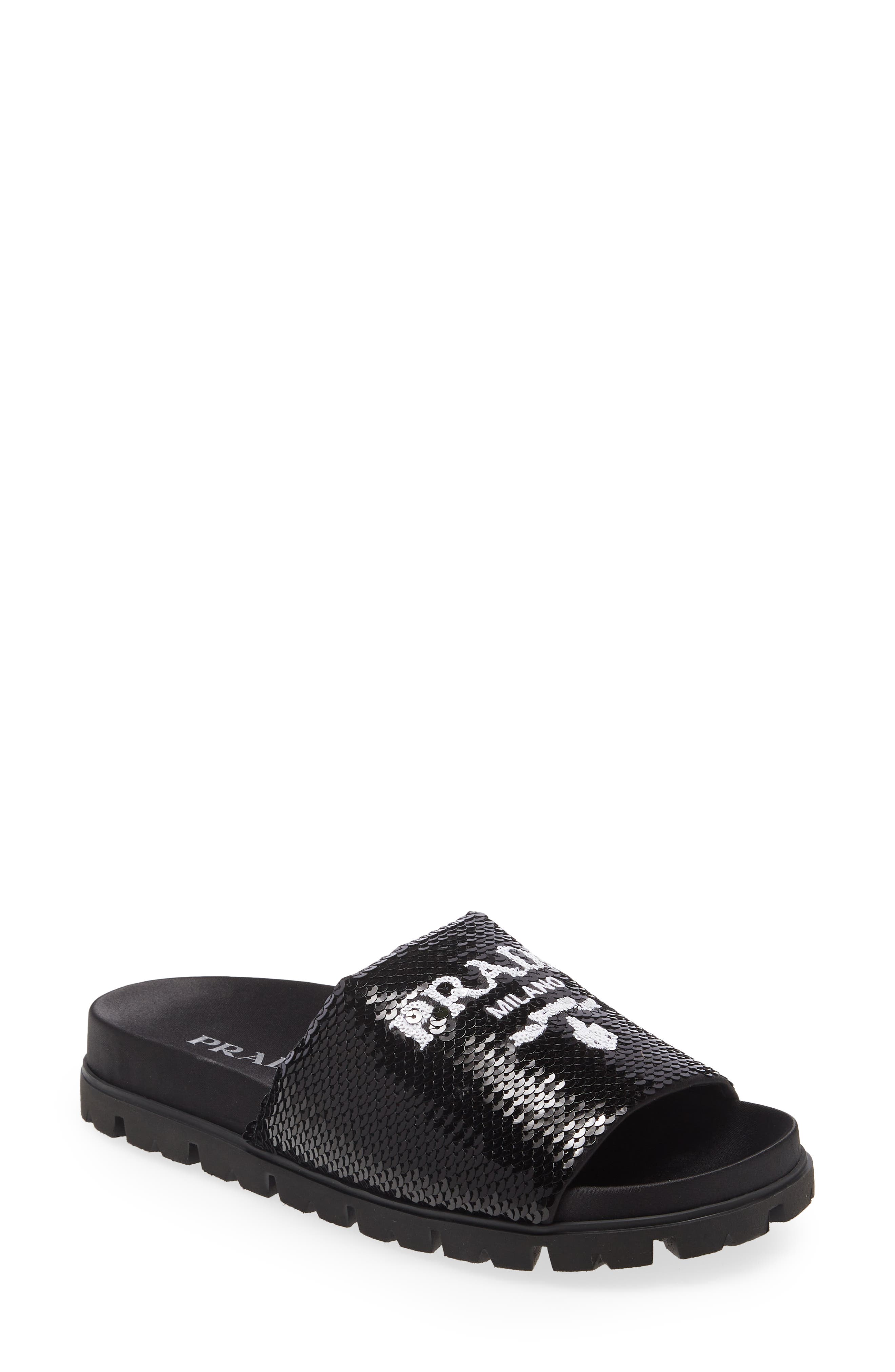 Prada Logo Sequin Slide Sandal, Main, color, 