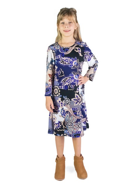 Blue Paisley Long Sleeve Loose Fit Knee Length Tunic Pocket Dress
