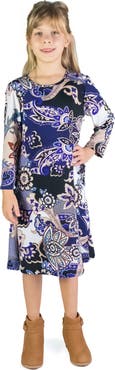 24sevenKid Blue Paisley Long Sleeve Loose Fit Knee Length Tunic Pocket Dress