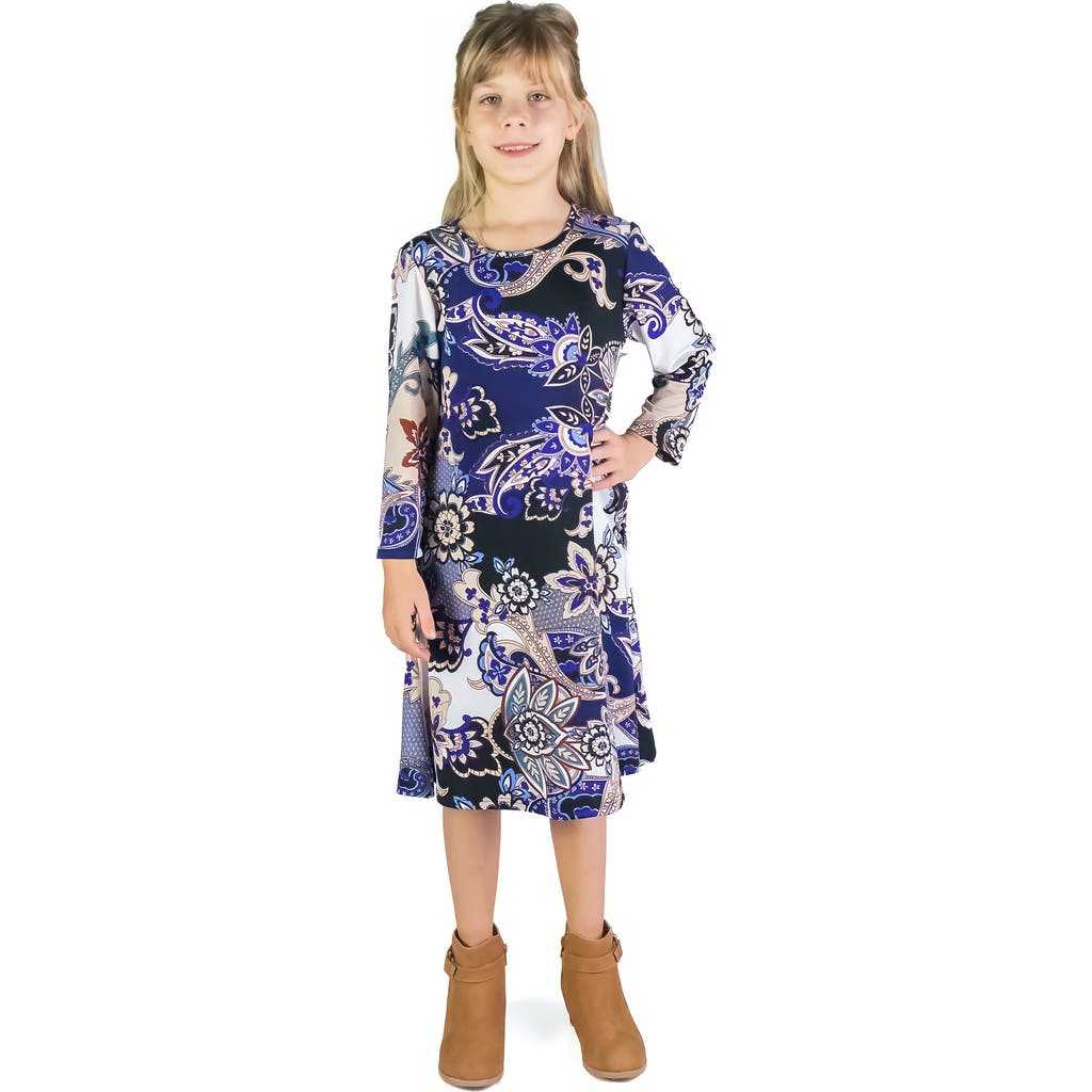 24sevenKid Blue Paisley Long Sleeve Loose Fit Knee Length Tunic Pocket Dress in Blue Multi  product