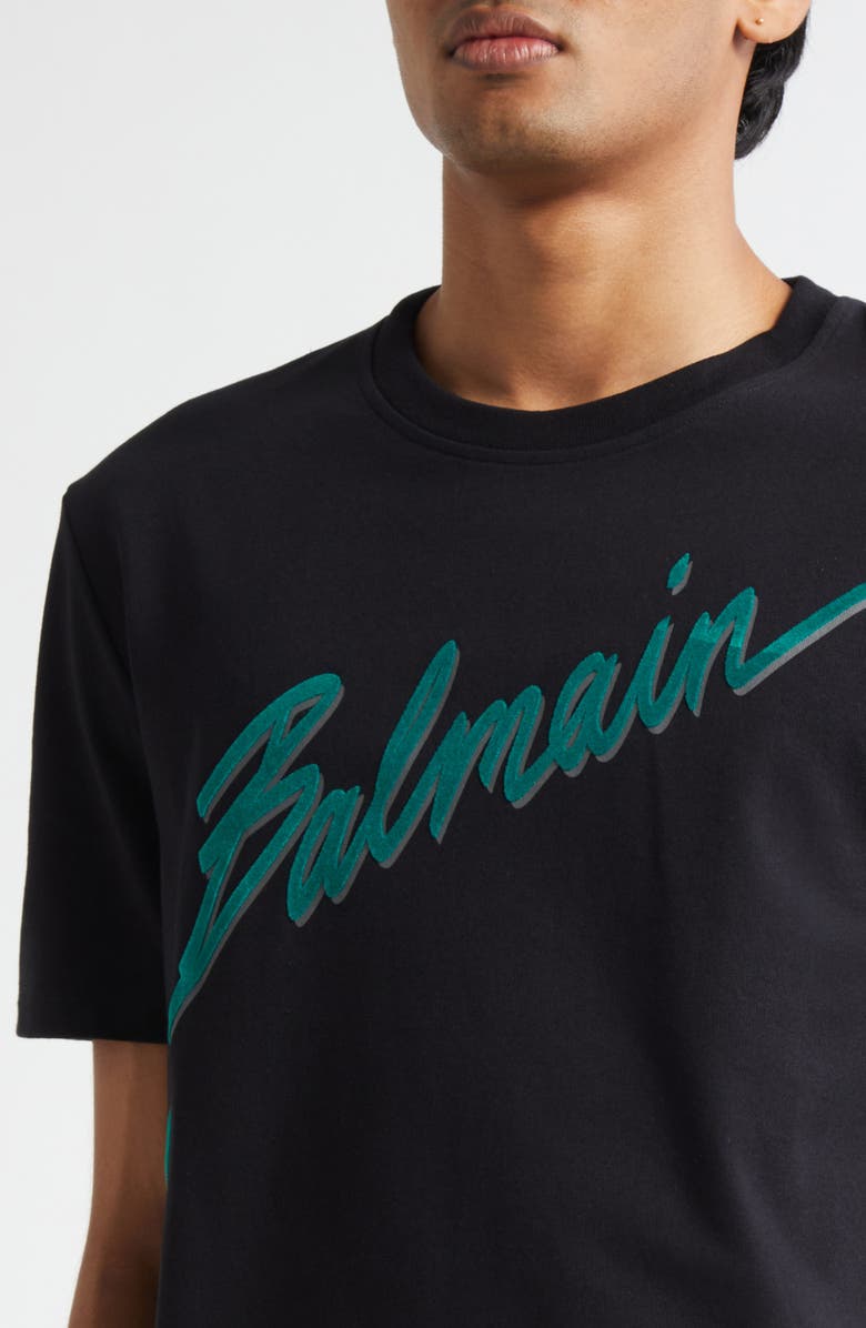 Balmain Letter Flocked Logo T-Shirt, Alternate, color, Eoj Black/ Emerald