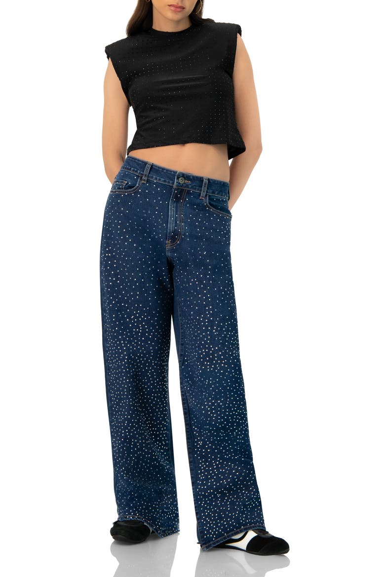 Padded-Shoulder Cropped Rhinestone Top, Alternate, color, Black
