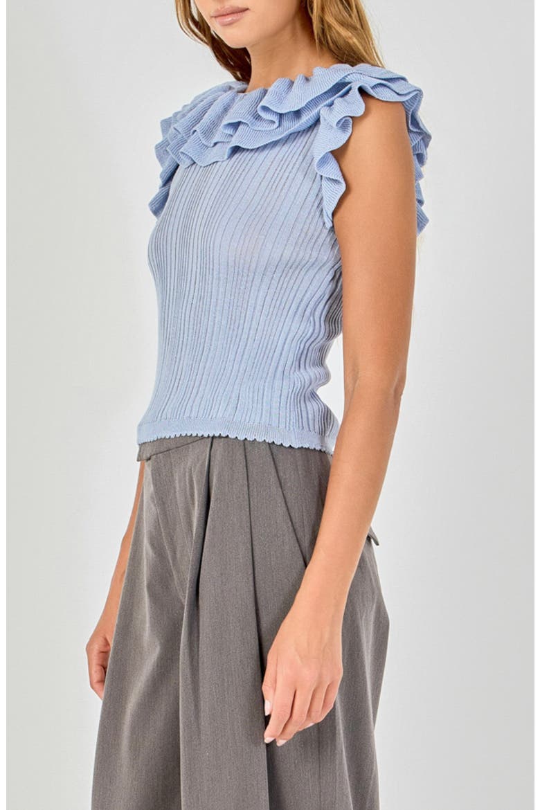 Ruffle Trim Pleated Knit Top, Alternate, color, DUSTY BLUE