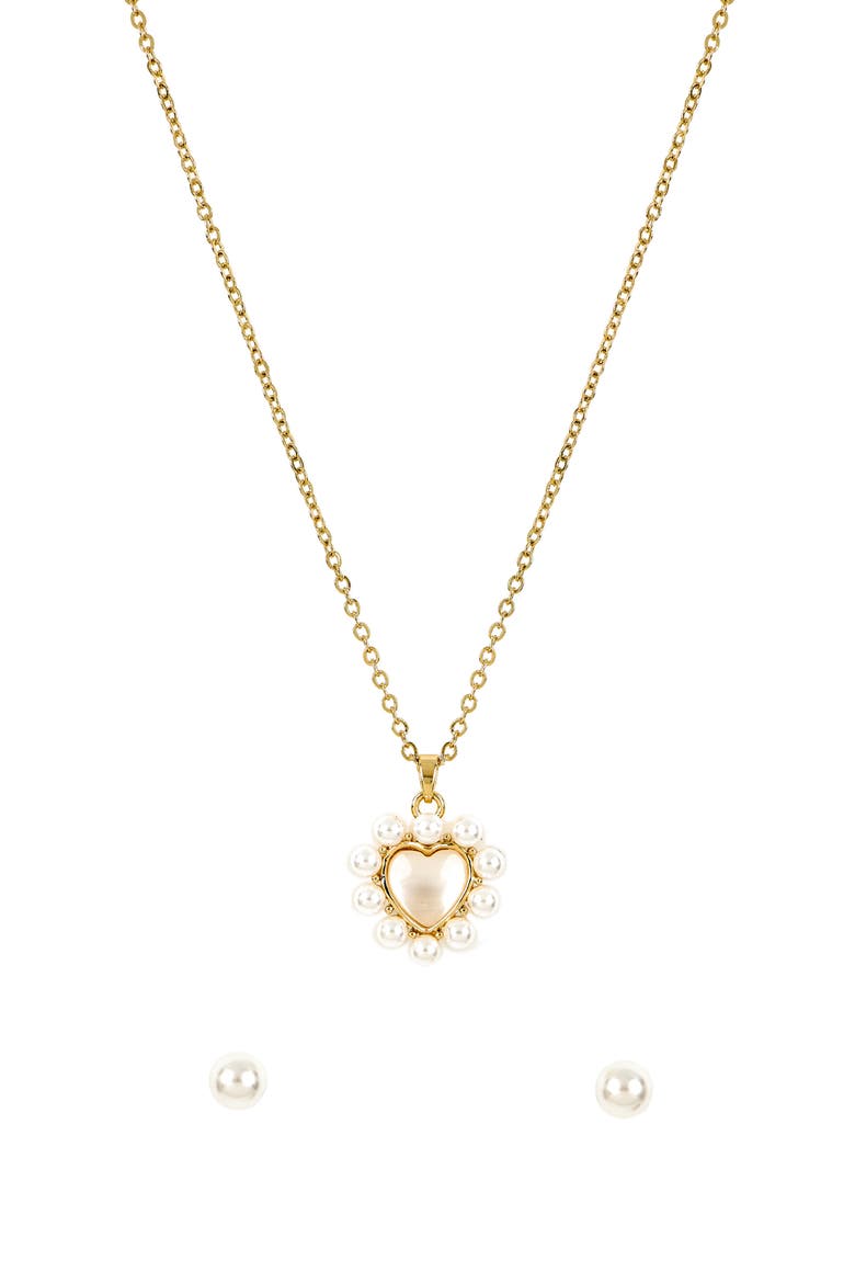 Faux Pearl Heart Pendant Necklace & Stud Earrings Set, Alternate, color, METALLIC GOLD