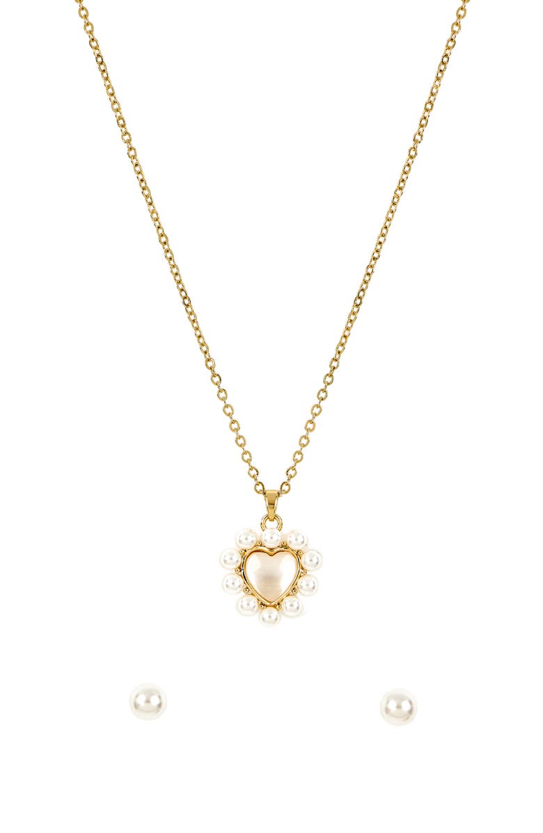 Danecraft Faux Pearl Heart Pendant Necklace & Stud Earrings Set, Alternate, color, Metallic Gold