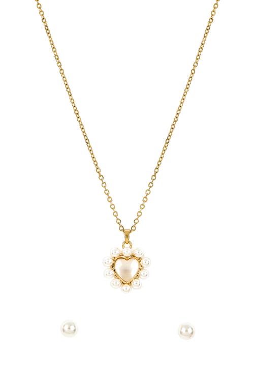 Danecraft Faux Pearl Heart Pendant Necklace & Stud Earrings Set In Gold