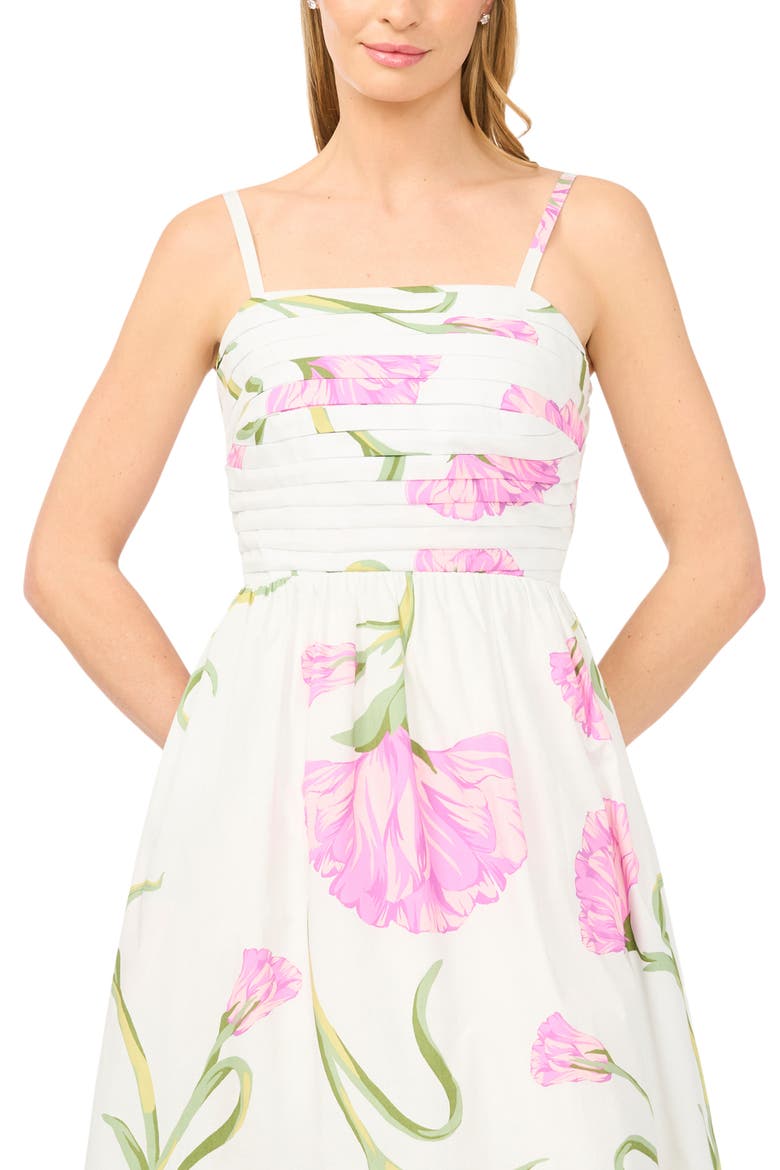 Floral Pleated Bodice Tie Back Midi Dress, Alternate, color, NEW IVORY