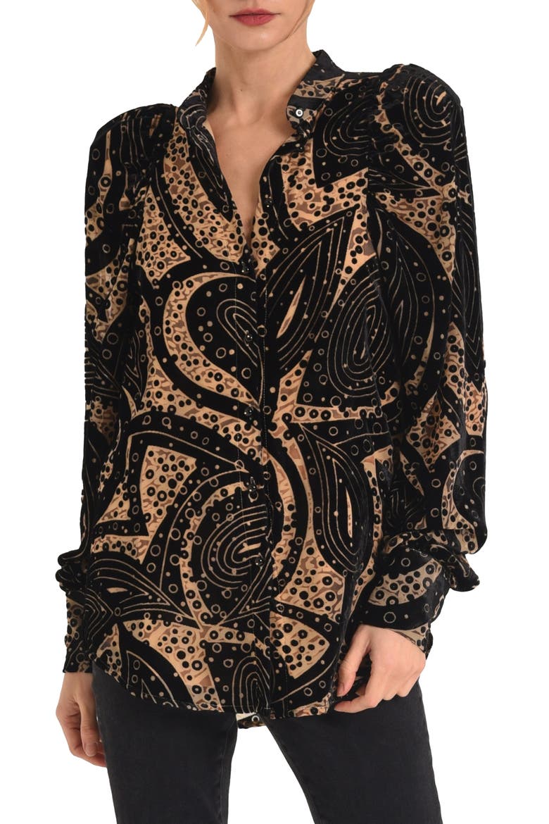 Sadie Mixed Print Burnout Velvet Button-Up Shirt, Main, color, BLACK MULTI