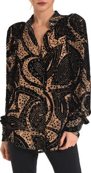 CIEBON Sadie Mixed Print Burnout Velvet Button-Up Shirt