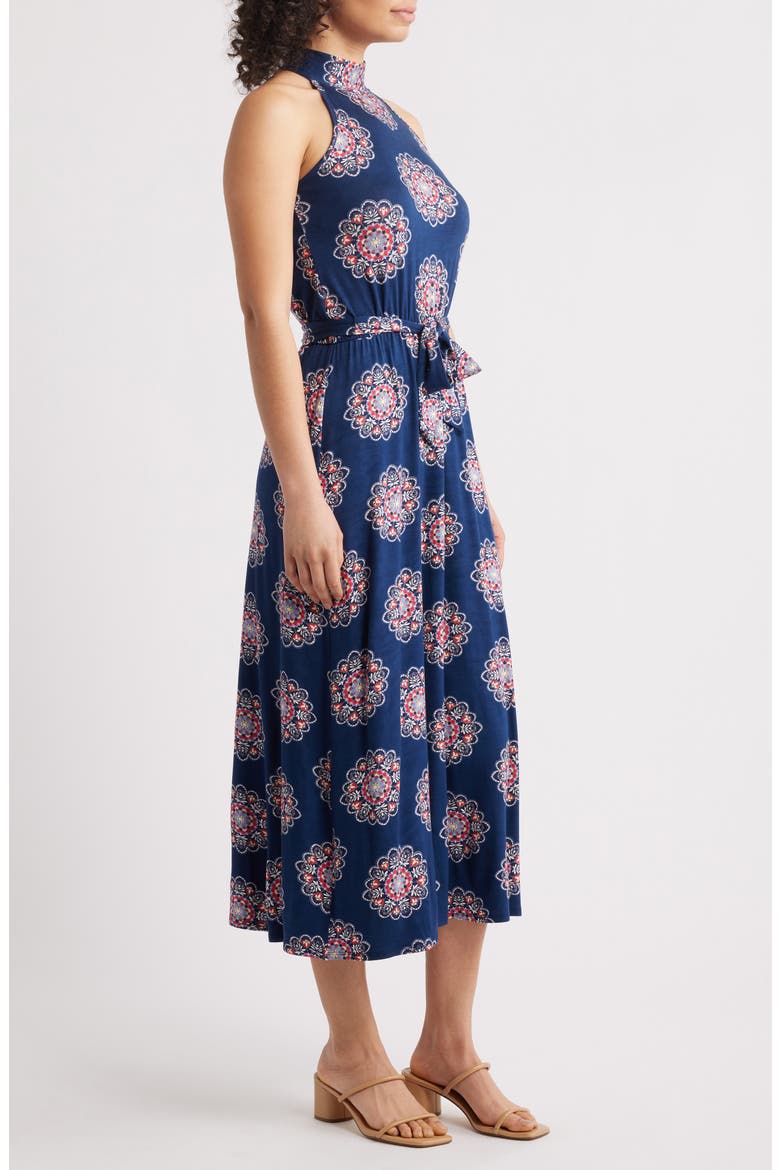 Printed Tie Waist Halter Knit Midi Dress, Alternate, color, NAVY