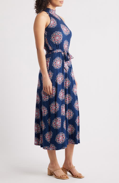 Loveappella Printed Tie Waist Halter Knit Midi Dress In Navy