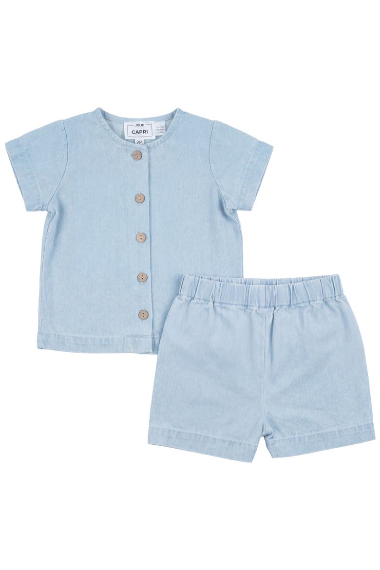 Boy Denim Wooden Button Shirt & Elastic Waist Shorts Two Piece Set, Main, color, Light Denim