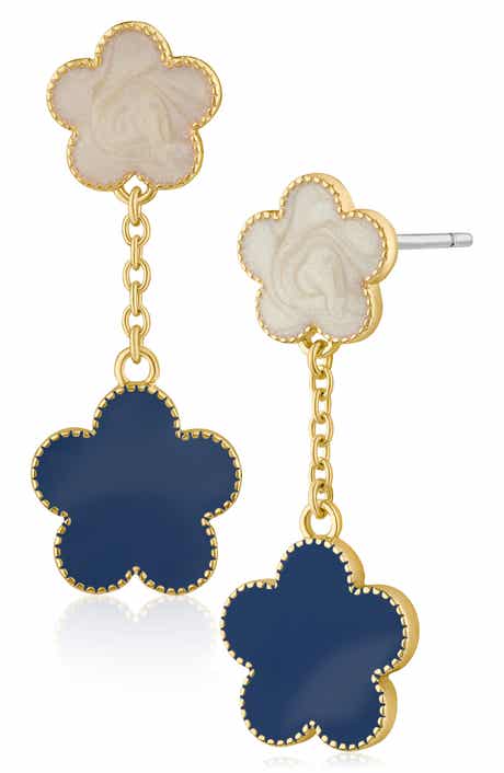 Enamel Double Flower Drop Earrings