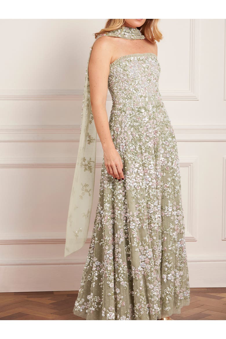 Dream Garland Strapless Gown, Alternate, color, Aloe/Multi