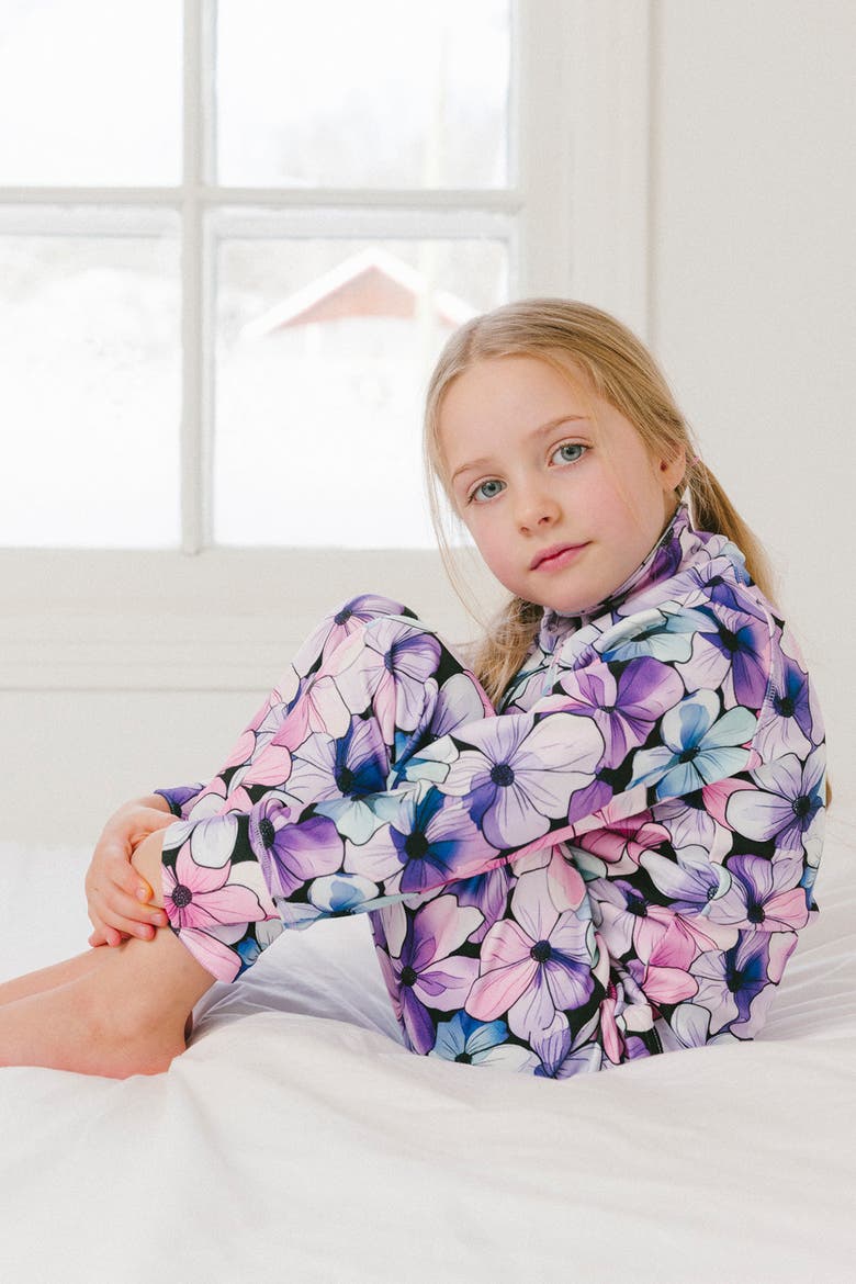 Two Piece Floral Brushed Half-Zip Top & Pants Thermal Underwear, Alternate, color, Purple Floral Print