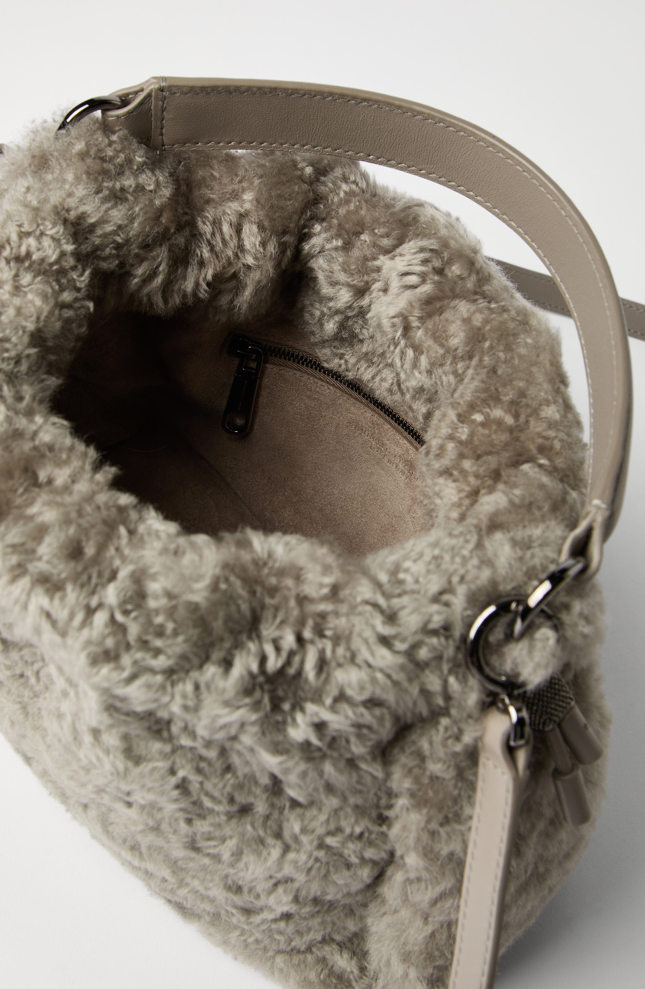 Brunello Cucinelli Shearling Mellow small bucket bag, Alternate, color, Light Brown