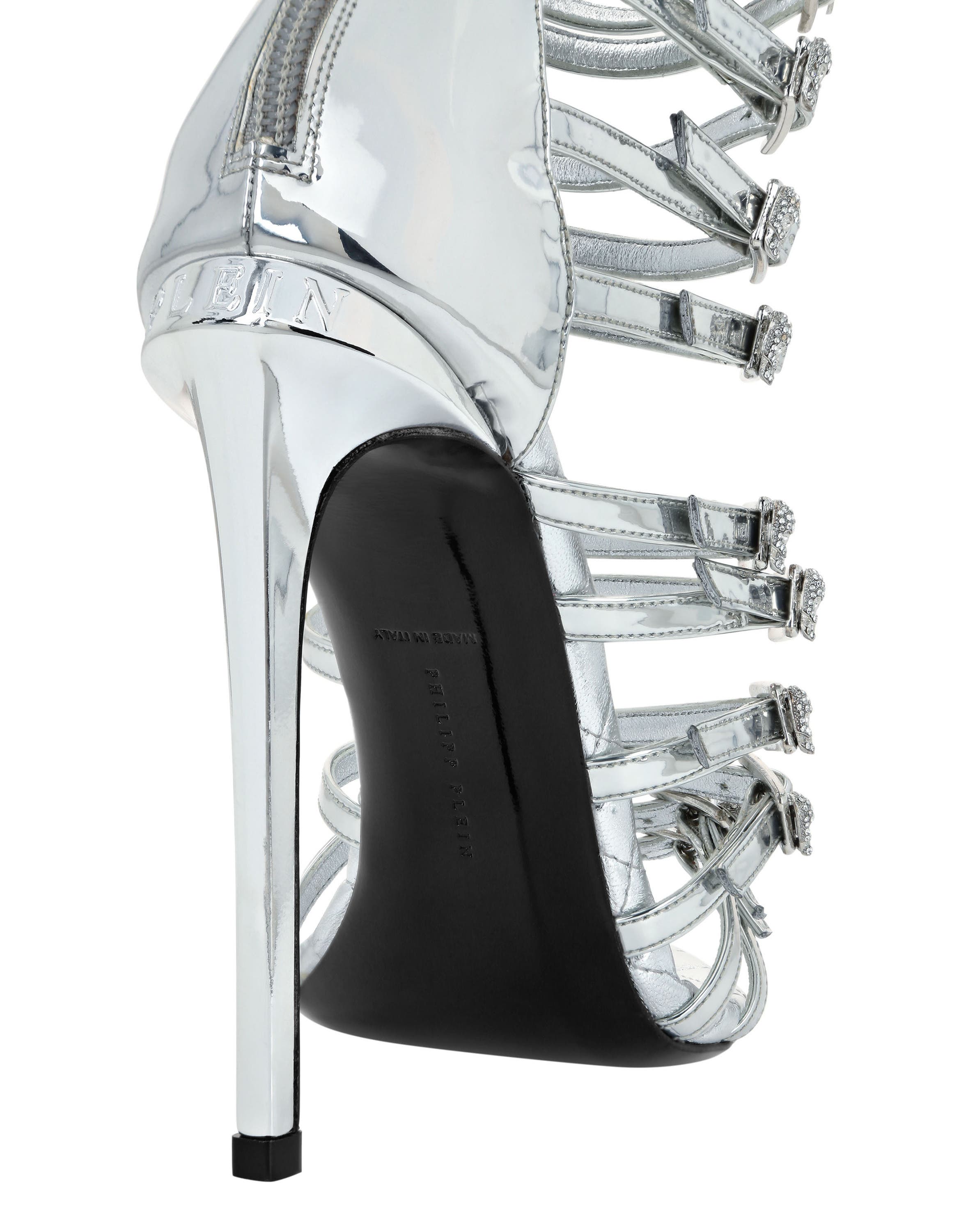 Mirror Leather Sandals High Plein Heels Skull Women, Alternate, color, Silver