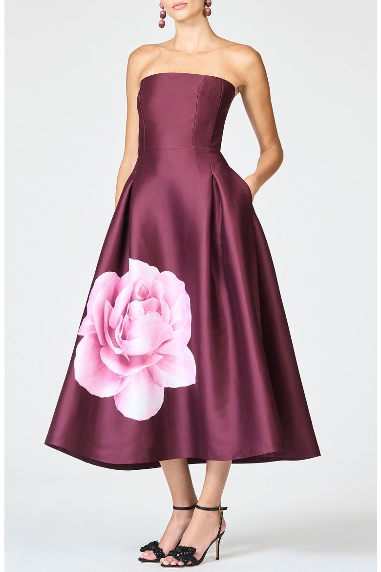 Shay Placed Floral Strapless Cocktail Midi Dress, Alternate, color, BORDEAUX ESPERANCE