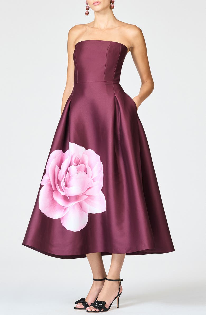 Sachin & Babi Shay Placed Floral Strapless Cocktail Midi Dress, Alternate, color, Bordeaux Esperance