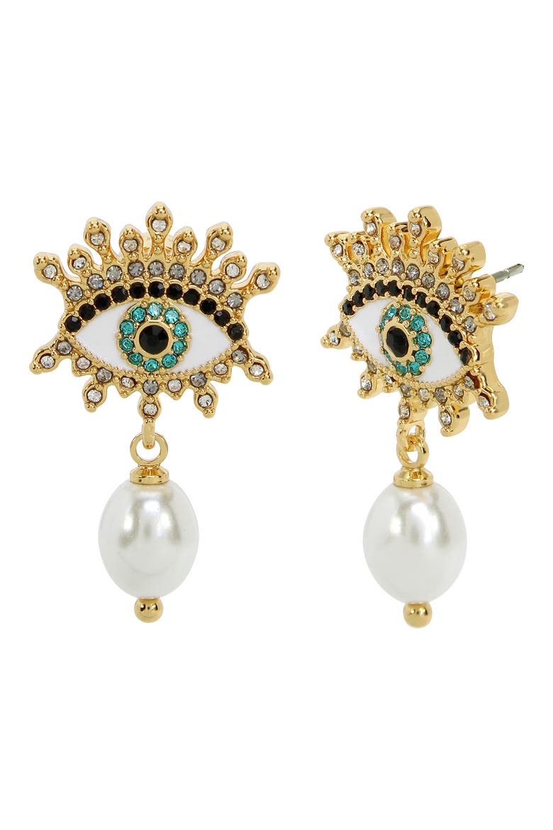 Evil Eye Imitation Pearl Drop Earrings, Main, color, PEARL/ YELLOW GOLD
