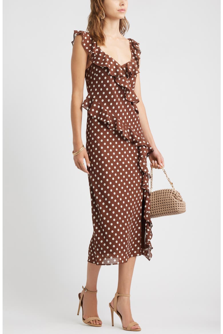 Ruffle Midi Dress, Alternate, color, BROWN POLKA DOT