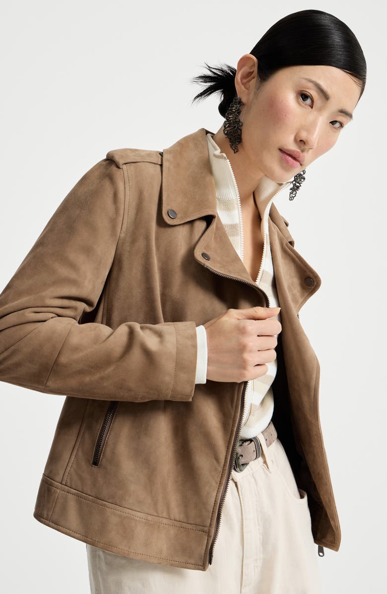 Brunello Cucinelli Suede biker jacket, Alternate, color, Hazelnut