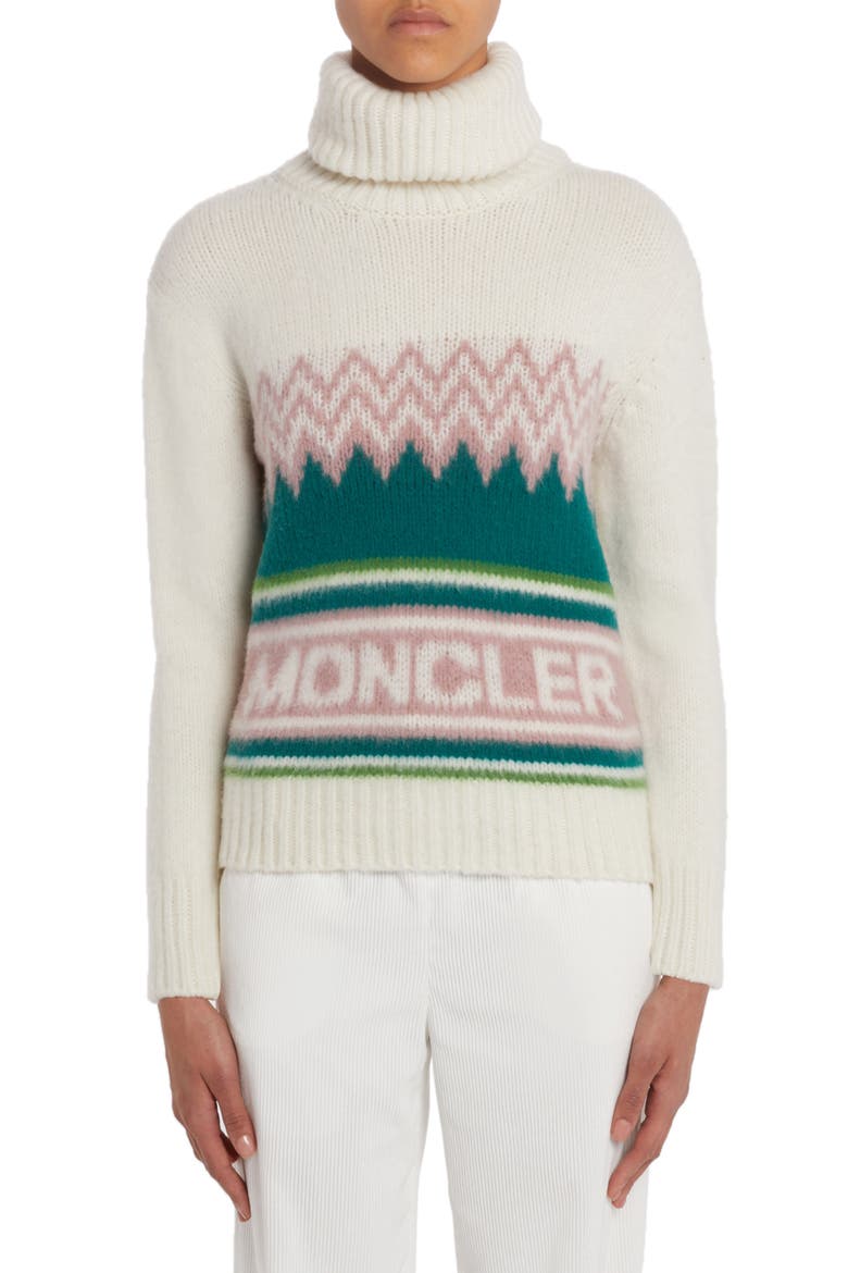 Festive Logo Intarsia Wool Turtleneck Sweater, Main, color, WHITE