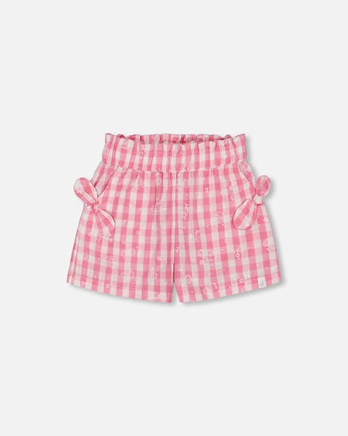 DEUX PAR DEUX DEUX PAR DEUX LITTLE GIRL'S SMOCKED WAIST SHORT WITH KNOTS PINK AND WHITE CHECKS