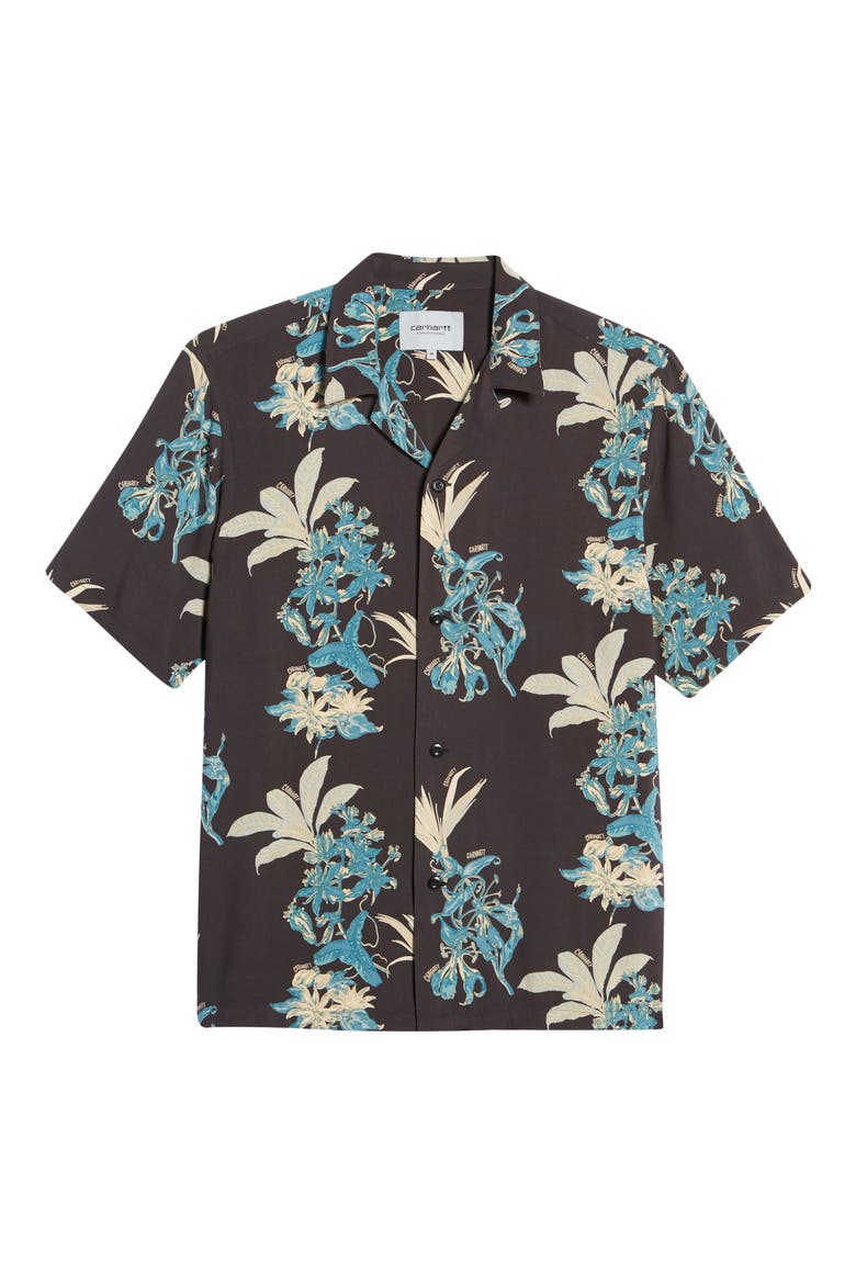 Floral Print Short Sleeve Camp Shirt, Alternate, color, HAWAIIAN FLORAL PRINT/ BLACK