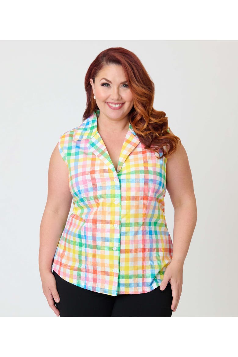 Plus Size Notched Collar Cotton Blouse, Alternate, color, Yellow Rainbow Gingham