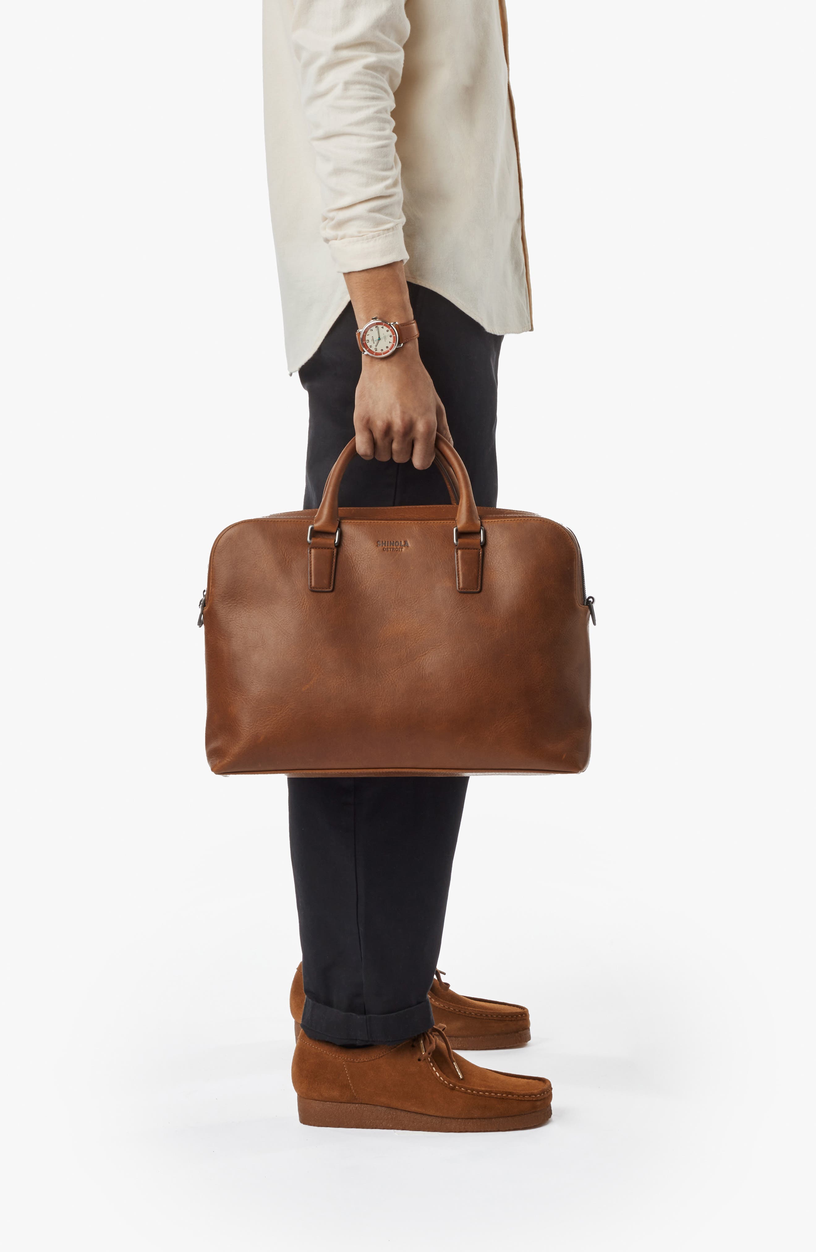 Shinola Double Zip Navigator Leather Briefcase, Alternate, color, Medbrown