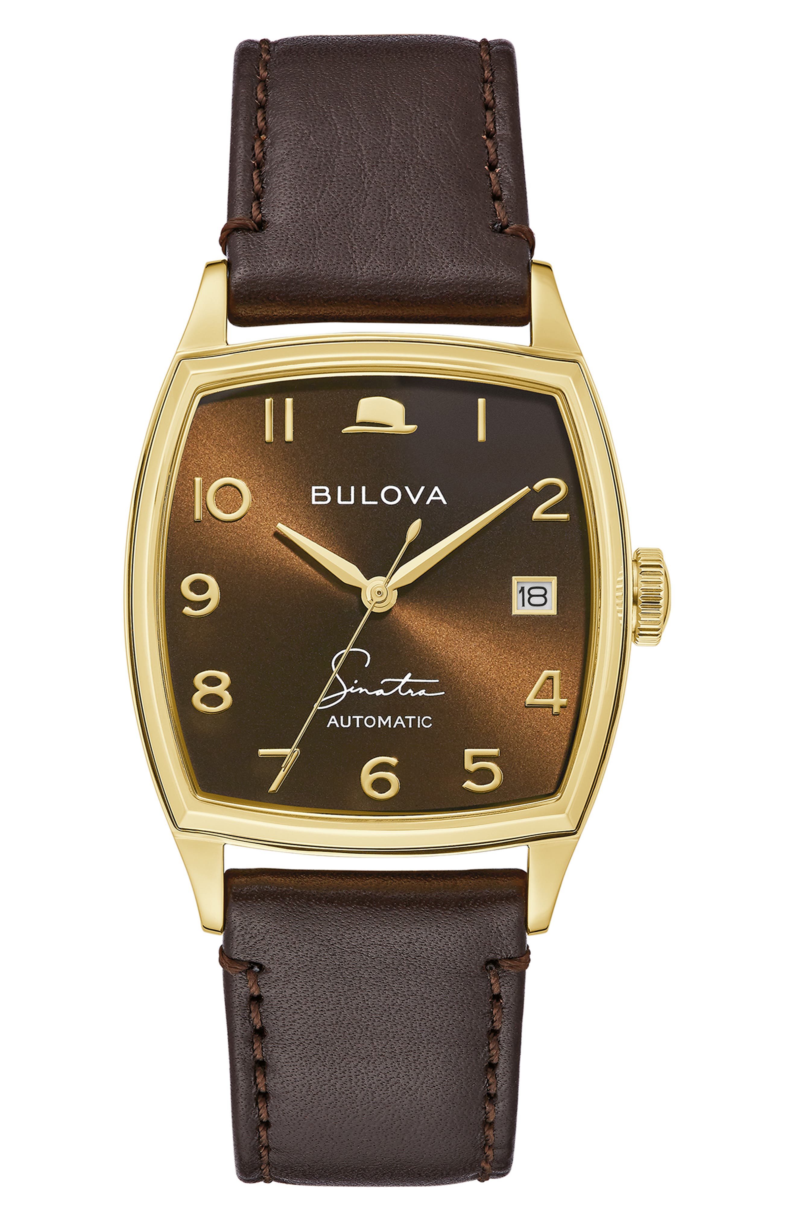 BULOVA Frank Sinatra Young at Heart Leather Strap Watch, 33.5mm in Gold-Tone 
