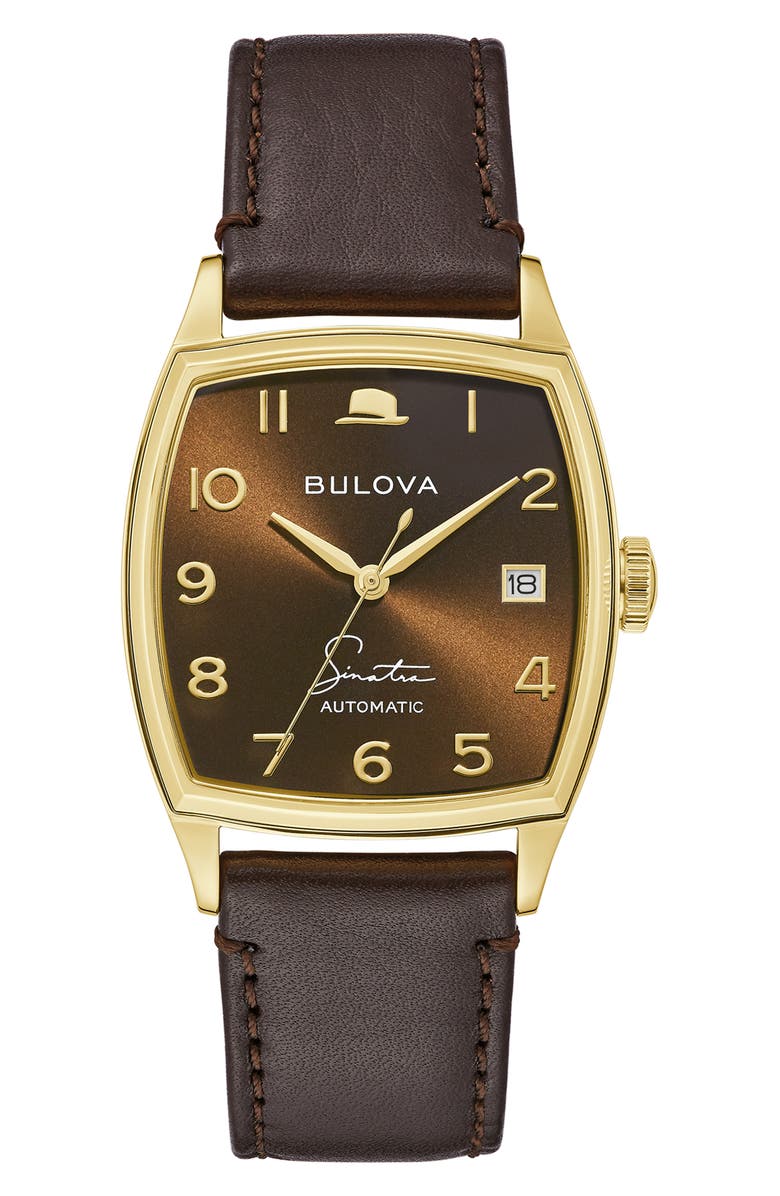 BULOVA Frank Sinatra Young at Heart Leather Strap Watch, 33.5mm, Main, color, Gold-Tone