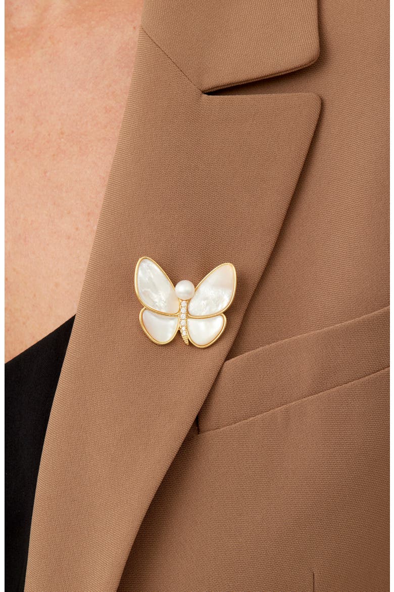 Mother of Pearl & Cubic Zirconia Butterfly Brooch, Alternate, color, GOLD