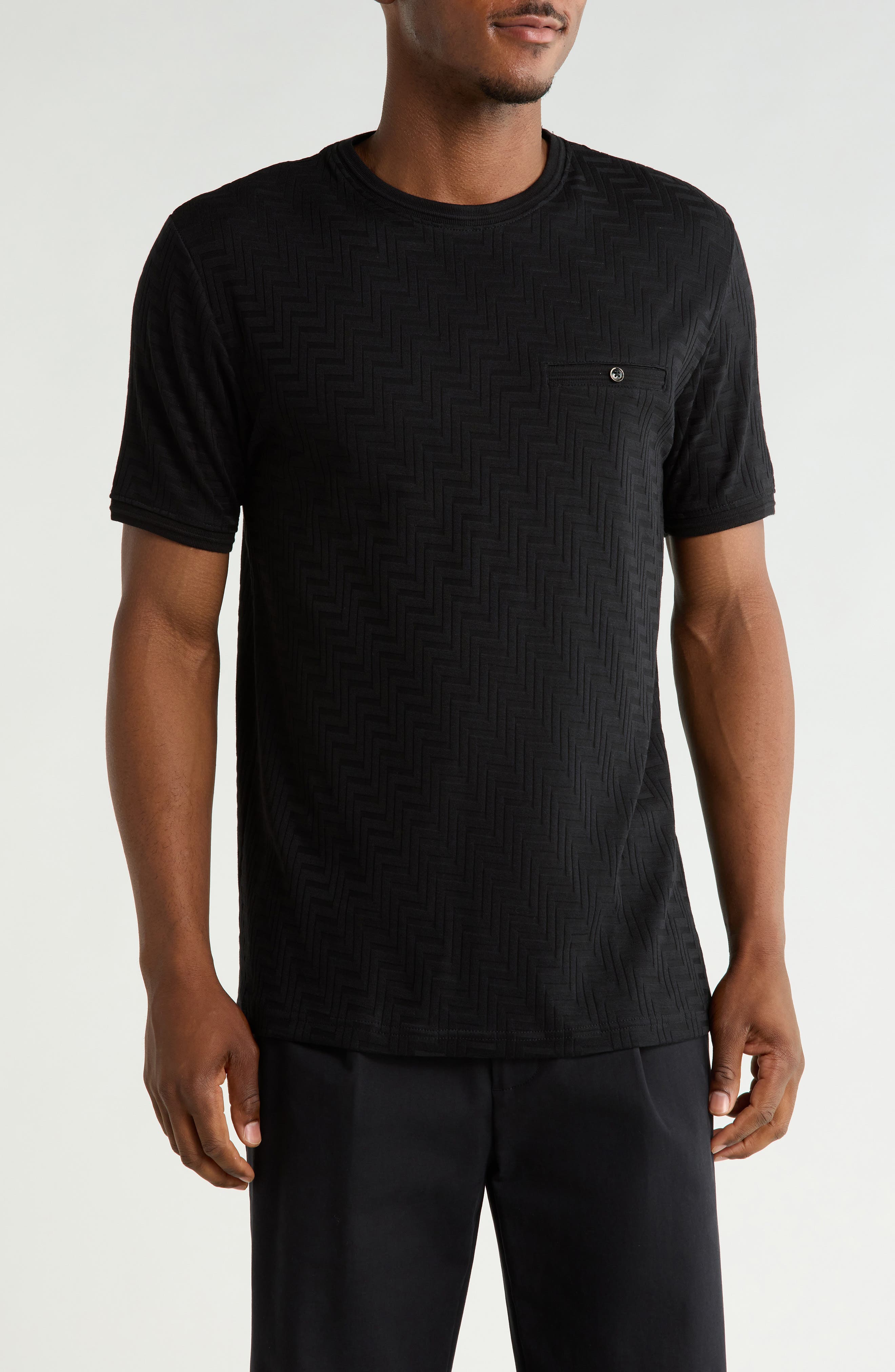 DENIM AND FLOWER Chevron Textured Crewneck Pocket T-Shirt