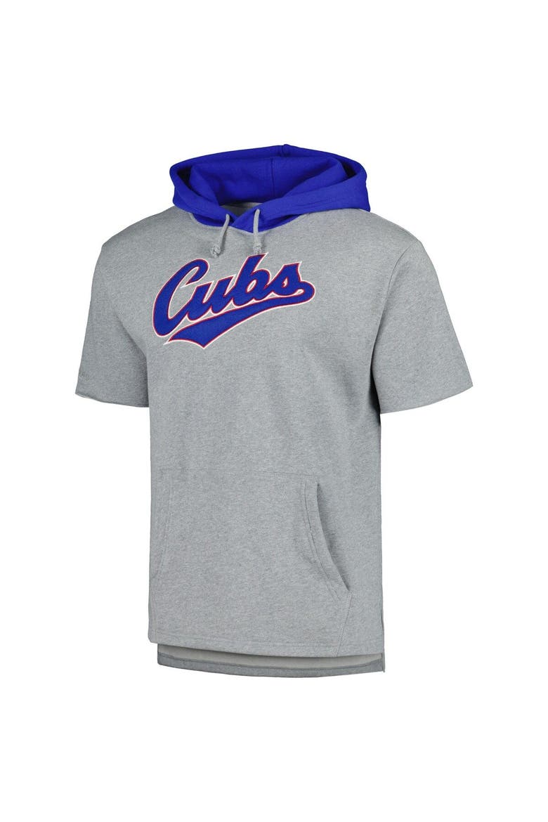 Men's Mitchell & Ness Heather Gray Chicago Cubs Postgame Short Sleeve Pullover Hoodie, Alternate, color, Heather Gray