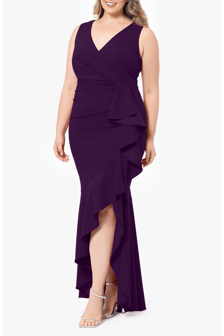 Sleeveless High-Low Ruffle Gown, Alternate, color, MULBERRY