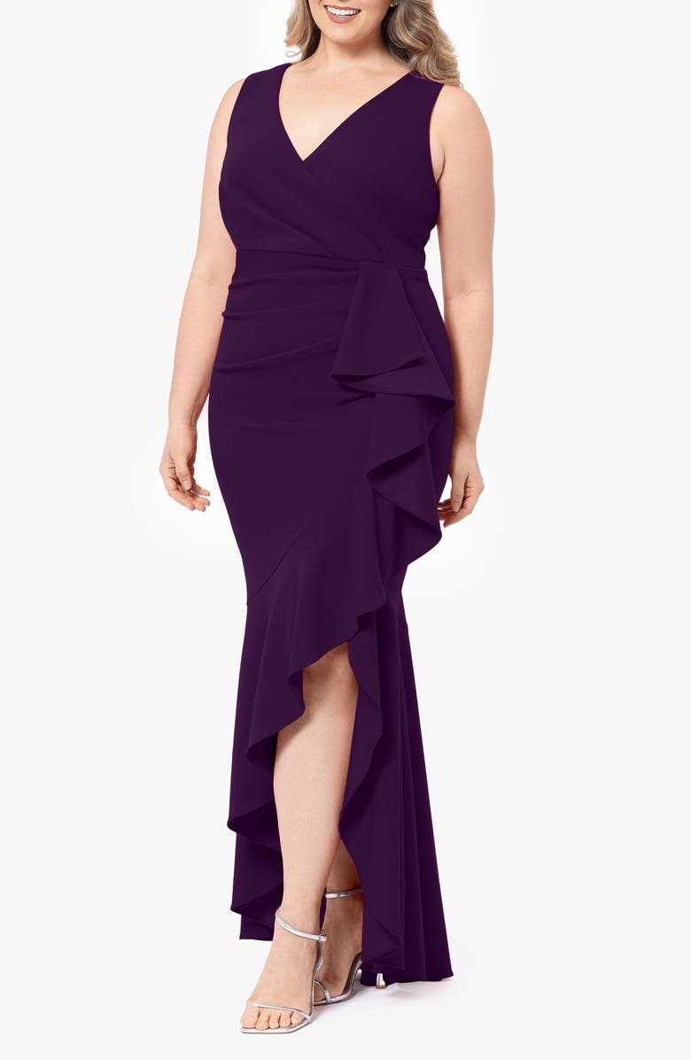 Betsy & Adam Sleeveless High-Low Ruffle Gown, Alternate, color, Mulberry