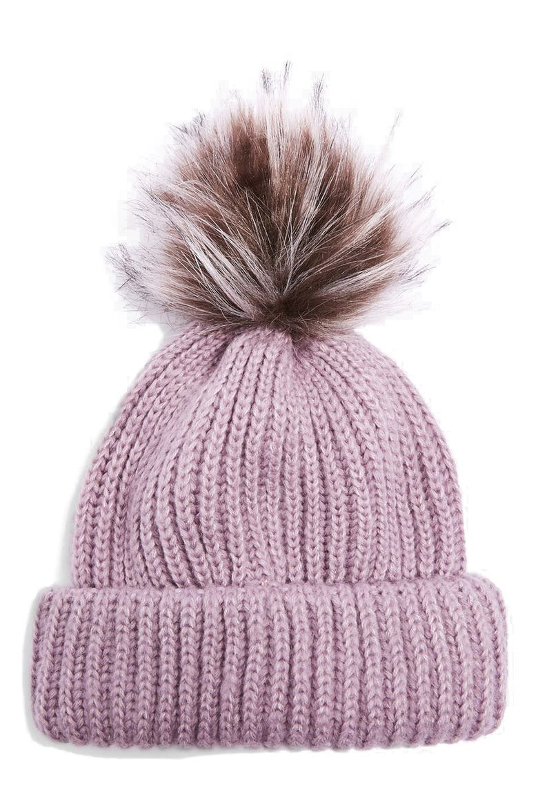 Faux Fur Pompom Beanie, Main, color, LILAC