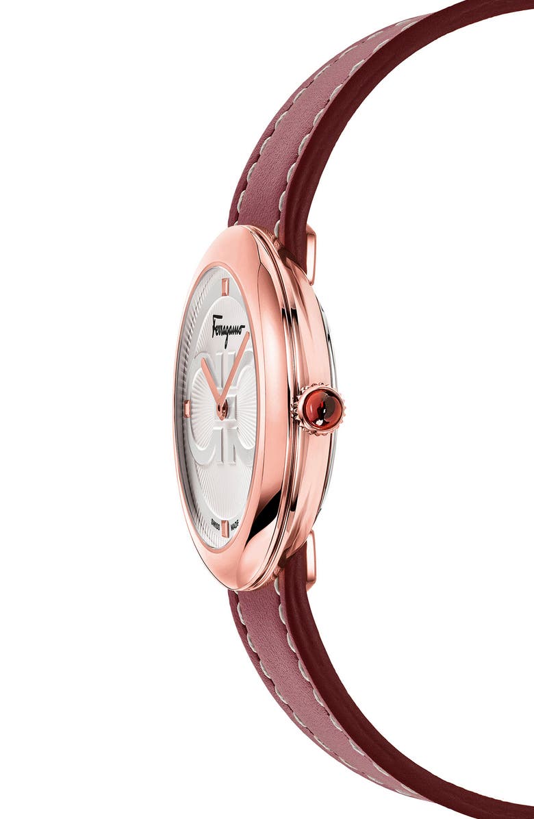 FERRAGAMO Salvatore Ferragamo Chic Leather Strap Watch, 32mm, Alternate, color, Silver