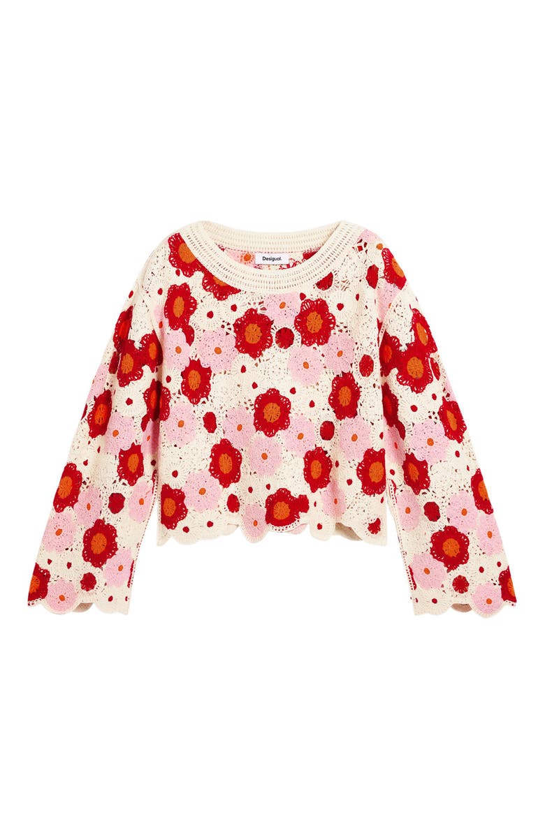 Desigual Floral Cotton Blend Crochet Sweater, Alternate, color, Off White