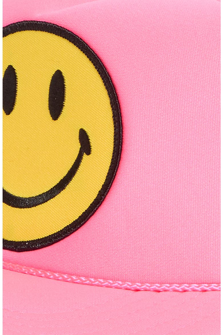 Smiley Patch Trucker Hat, Alternate, color, NEON PINK