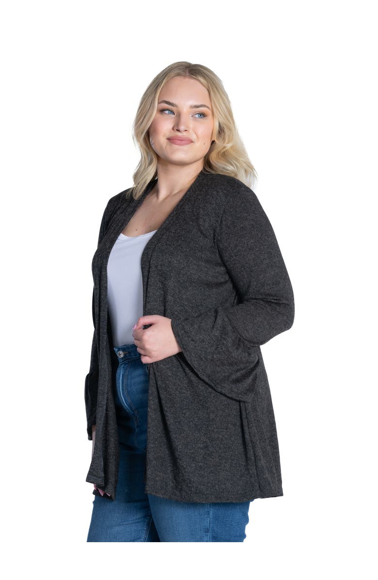 24seven Comfort Apparel Plus Size Knit Three Quarter Bell Sleeve Open Cardigan, Alternate, color, Black